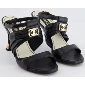 Chanel Black Leather Sandal Heel Gold CC Logo / Heel Caps Womens 39.5 / US 8.5